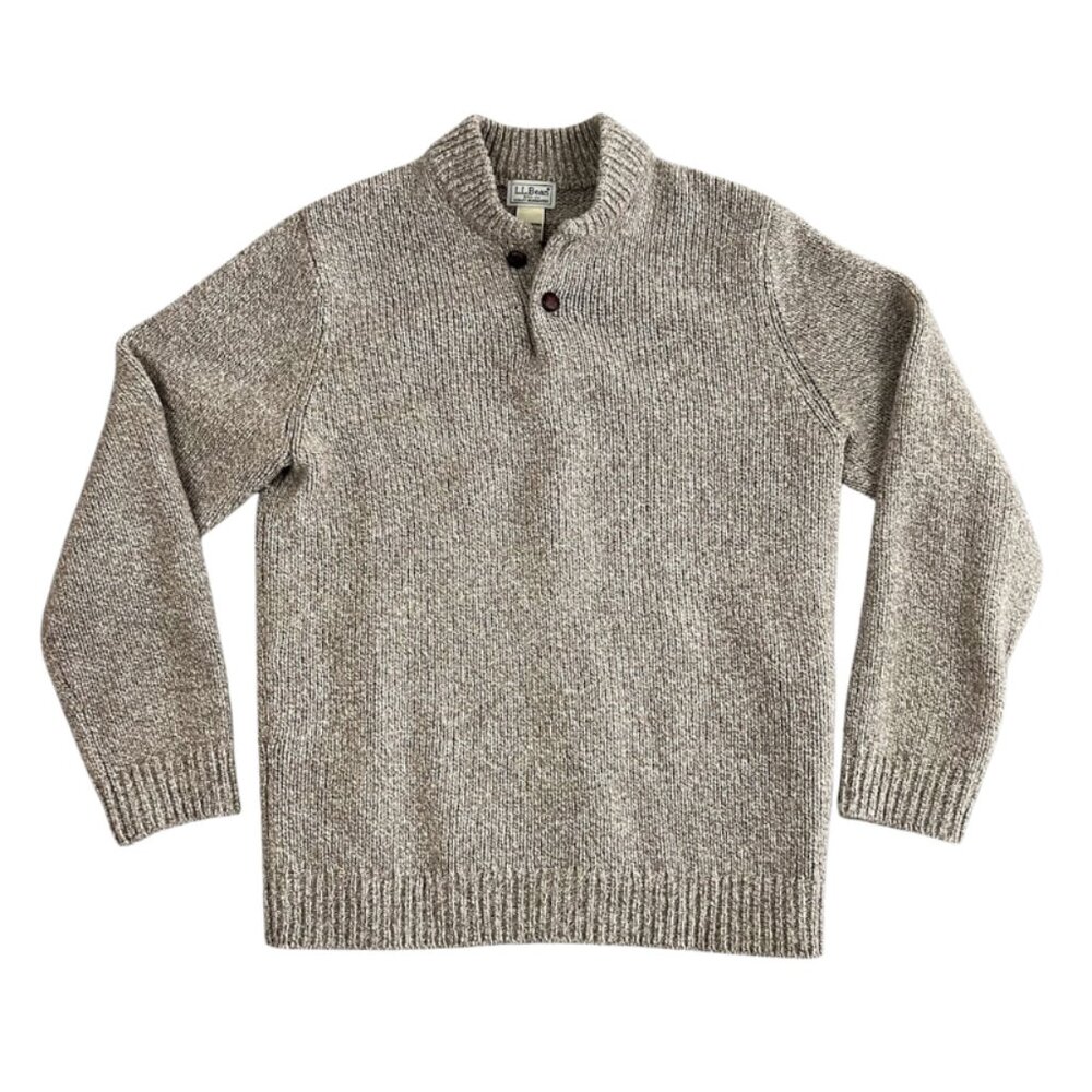 LL Bean Classic Rag Wool Henley Sweater Mens M Tall Heather Brown Lambswool